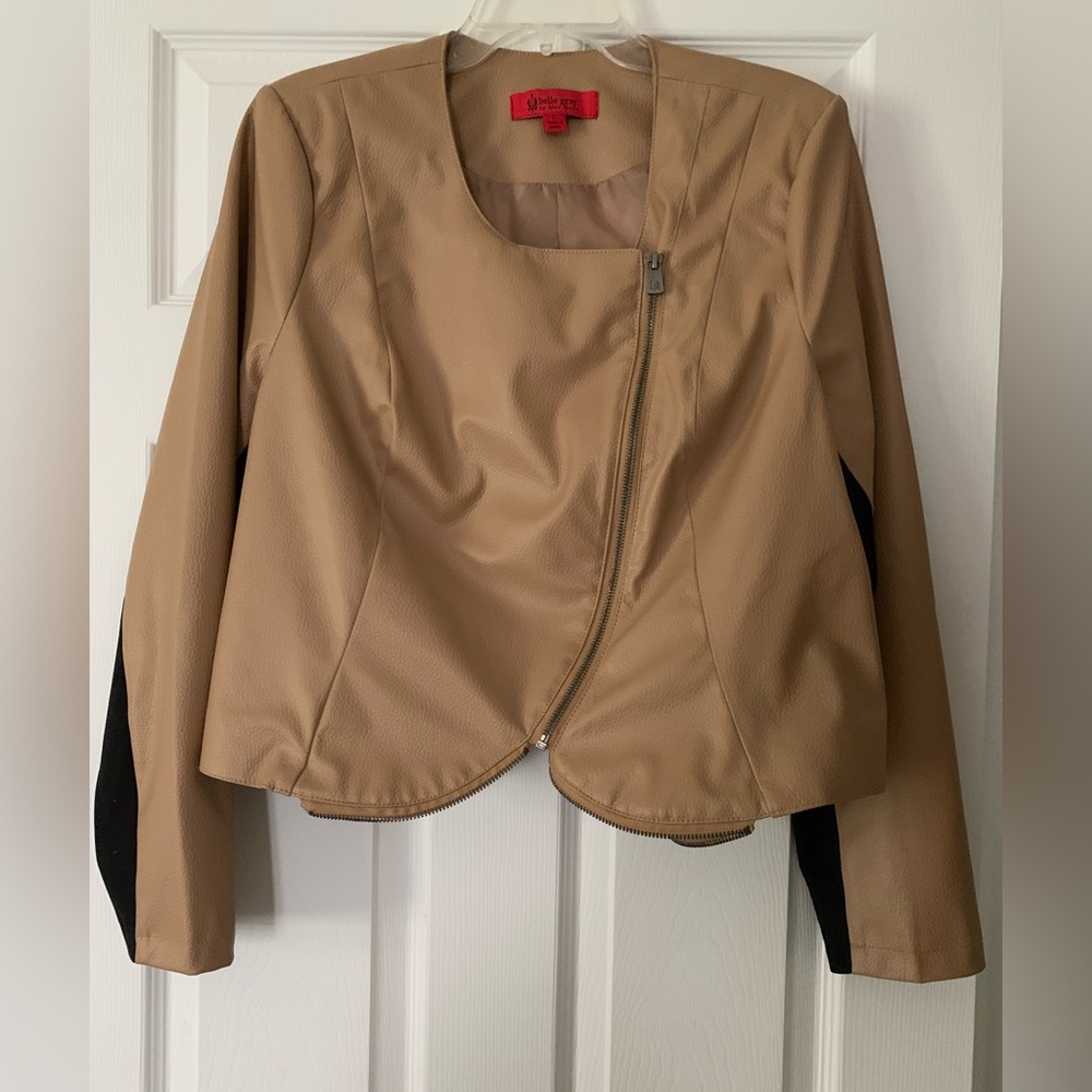 Women’s Belle Gray Tan Black Faux Leather Zip Jacket Lisa Rinna Large